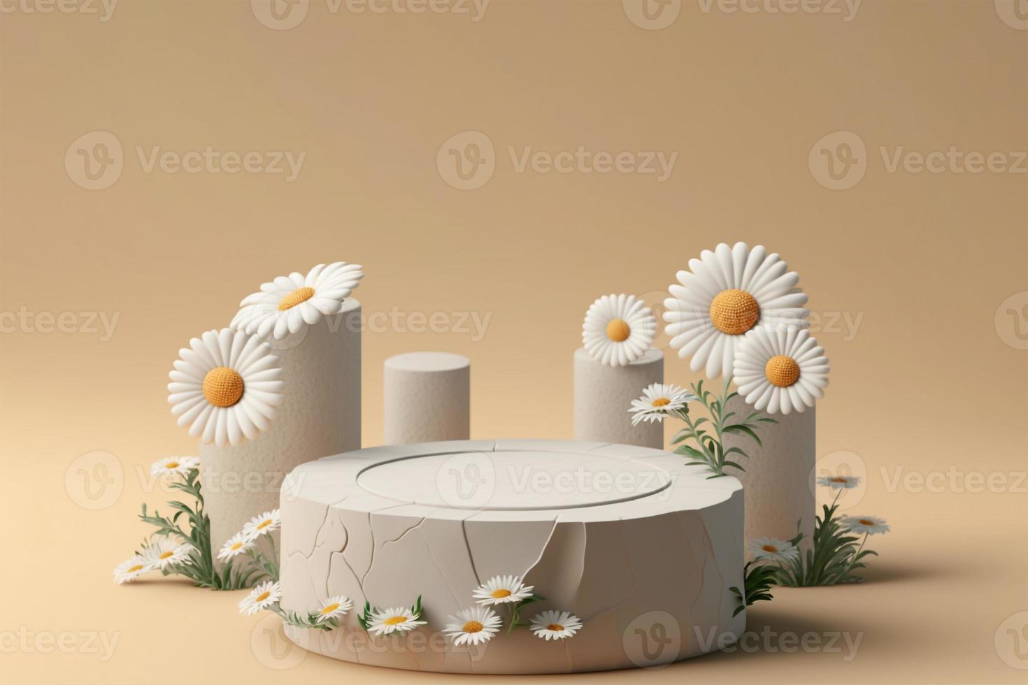 3d Stone podium for product display stand with daisy blossoms. photo