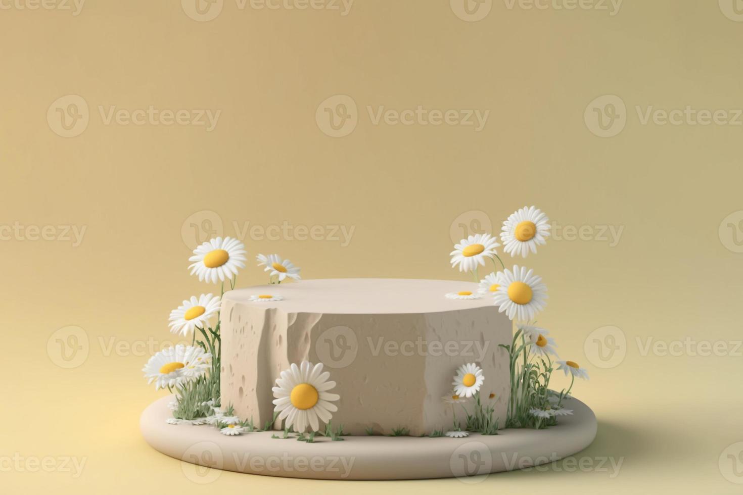 3d Stone podium for product display stand with daisy blossoms. photo