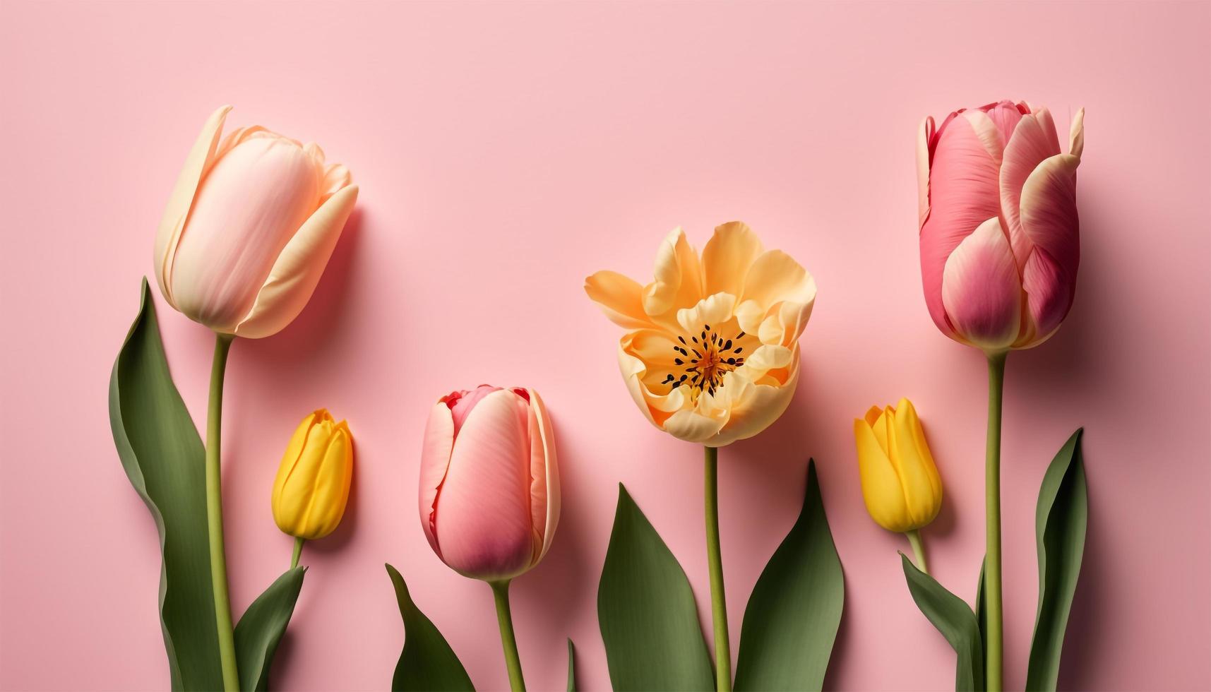 Spring tulip flowers on pink background top view in flat lay style. photo