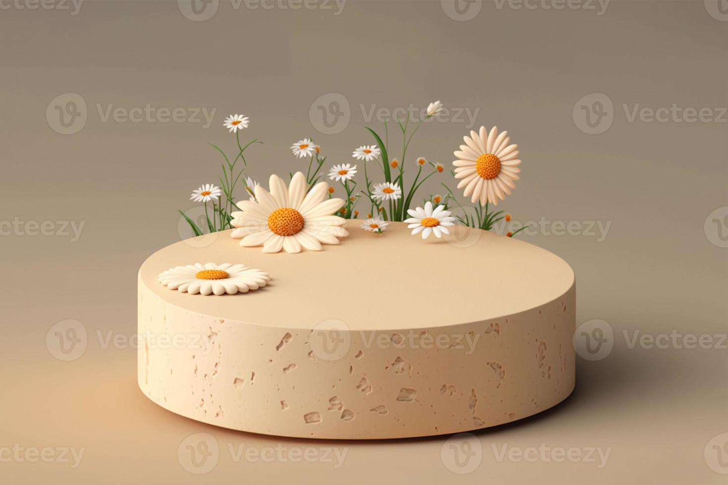3d Stone podium for product display stand with daisy blossoms. photo