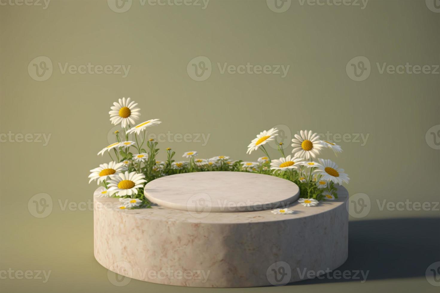 3d Stone podium for product display stand with daisy blossoms. photo
