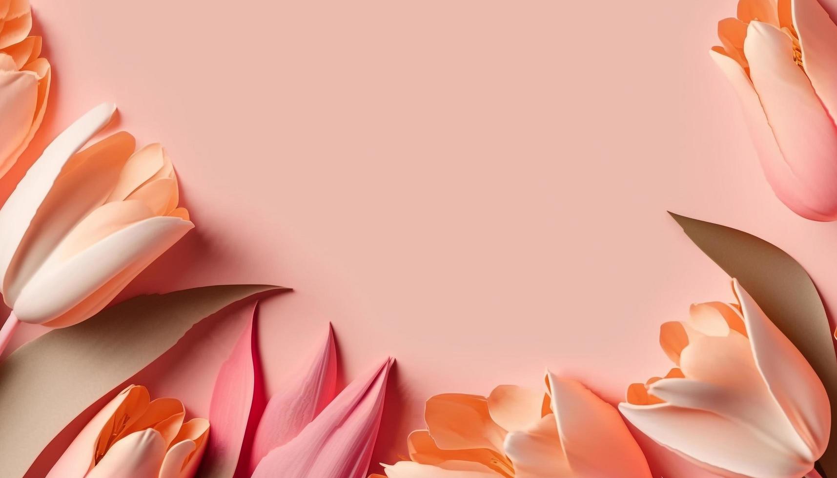 Spring tulip flowers on pink background top view in flat lay style. photo