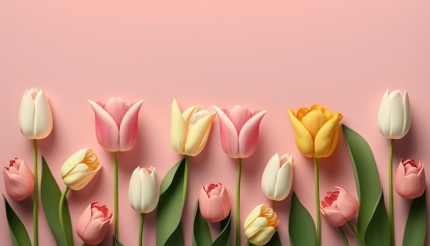 Spring tulip flowers on pink background top view in flat lay style. photo