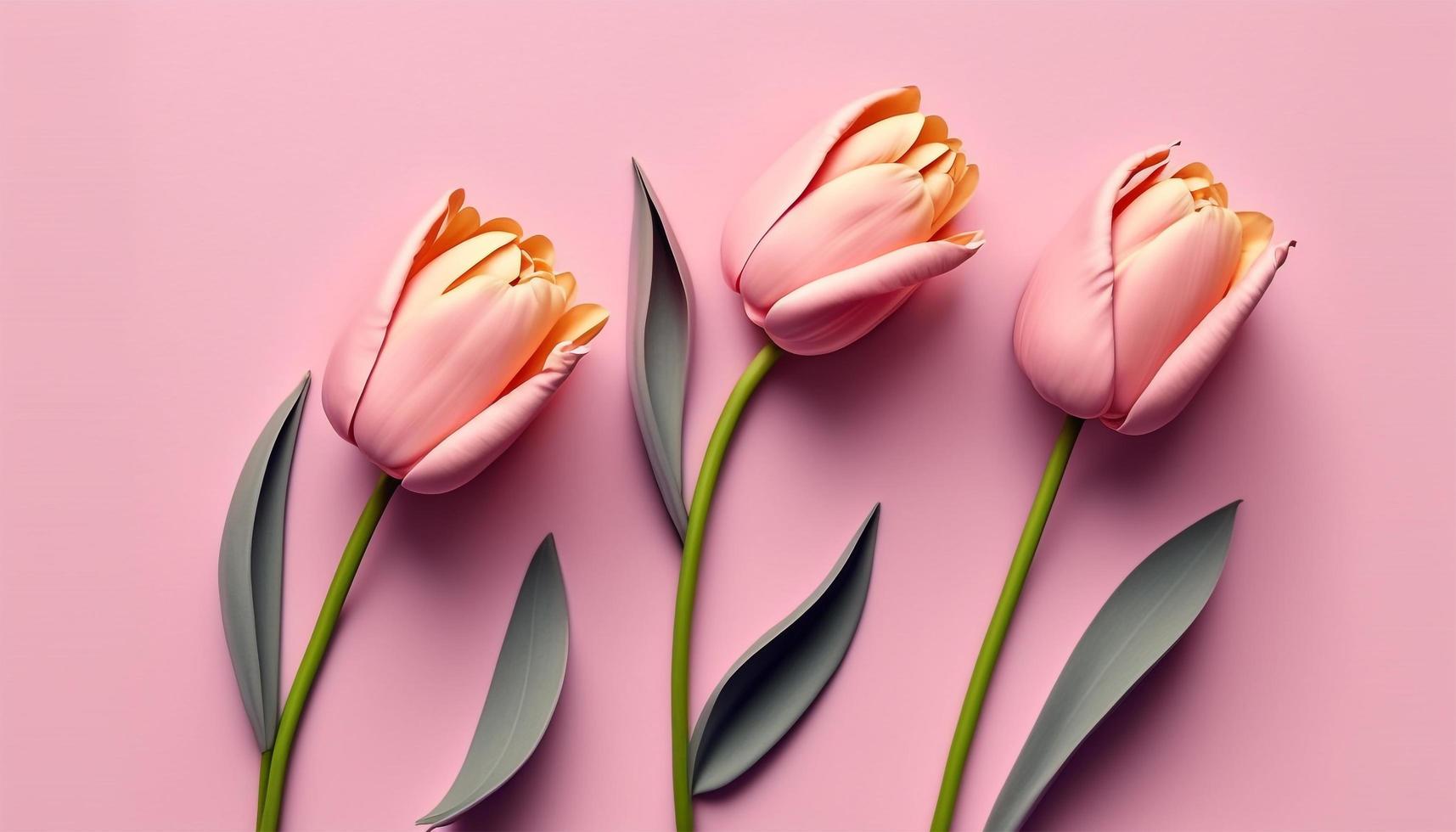 Spring tulip flowers on pink background top view in flat lay style. photo
