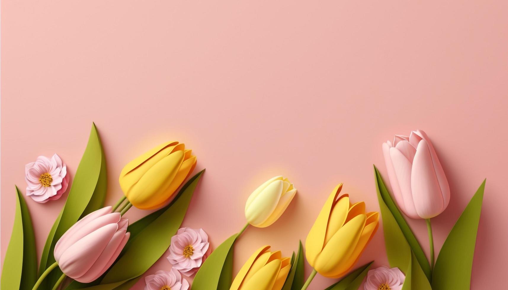Spring tulip flowers on pink background top view in flat lay style. photo