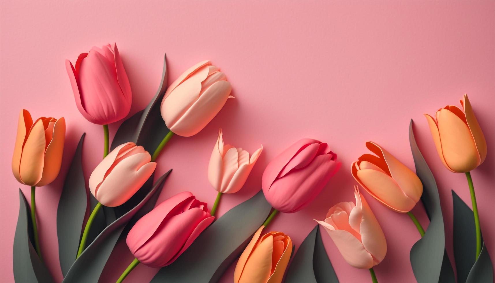 Spring tulip flowers on pink background top view in flat lay style. photo