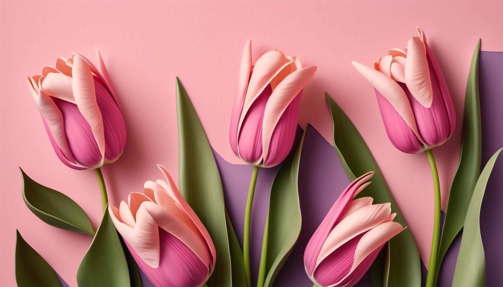 Spring tulip flowers on pink background top view in flat lay style. photo