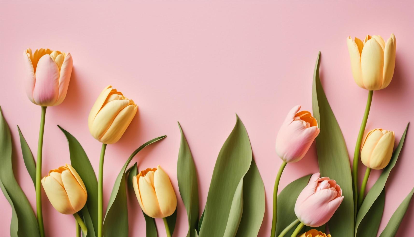 Spring tulip flowers on pink background top view in flat lay style. photo