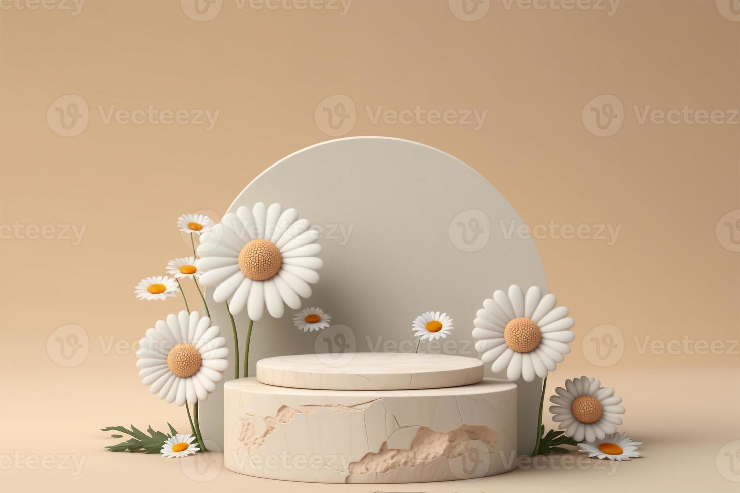 3d Stone podium for product display stand with daisy blossoms. photo