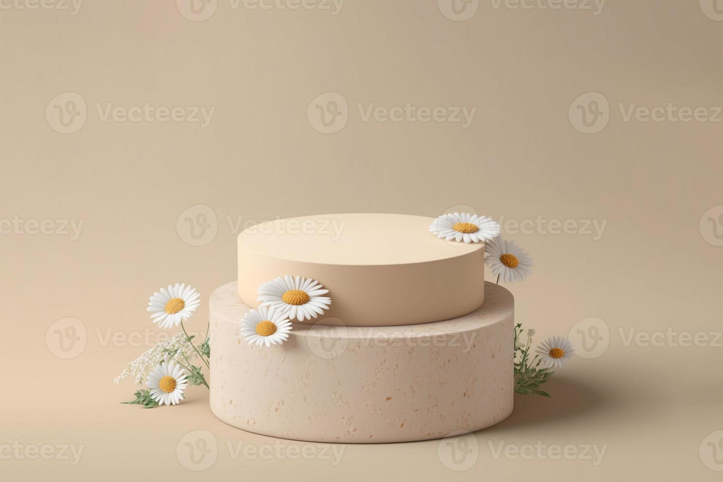 3d Stone podium for product display stand with daisy blossoms. photo