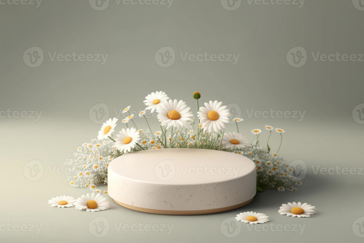 3d Stone podium for product display stand with daisy blossoms. photo
