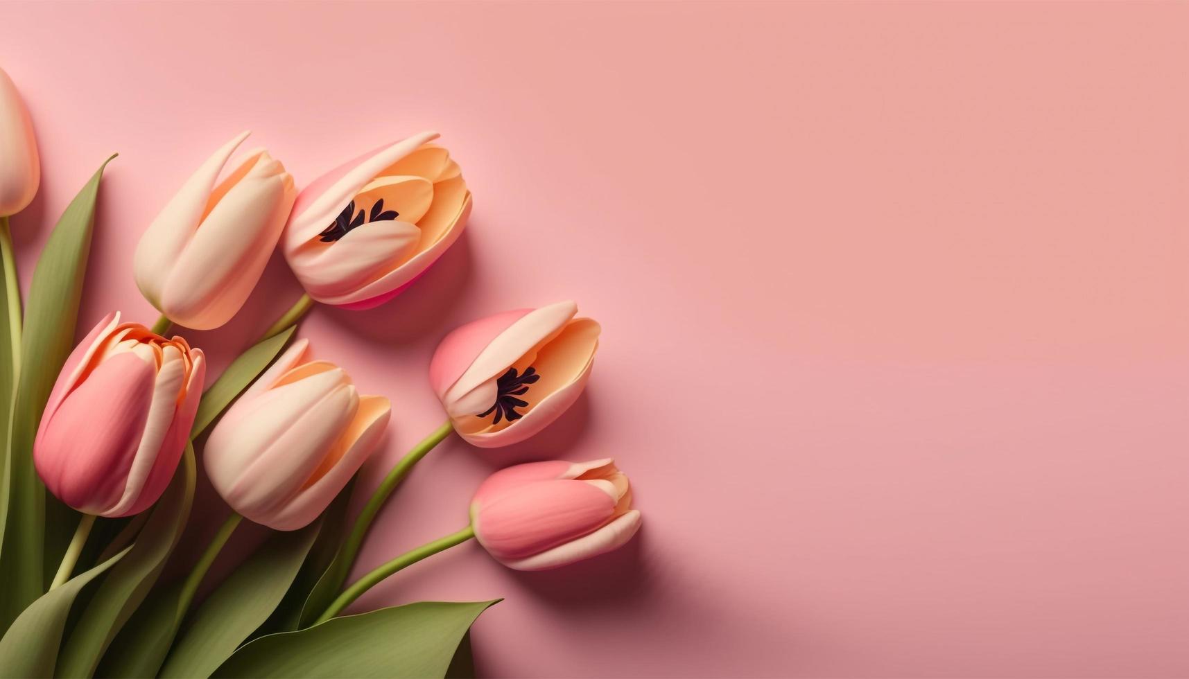 Spring tulip flowers on pink background top view in flat lay style. photo