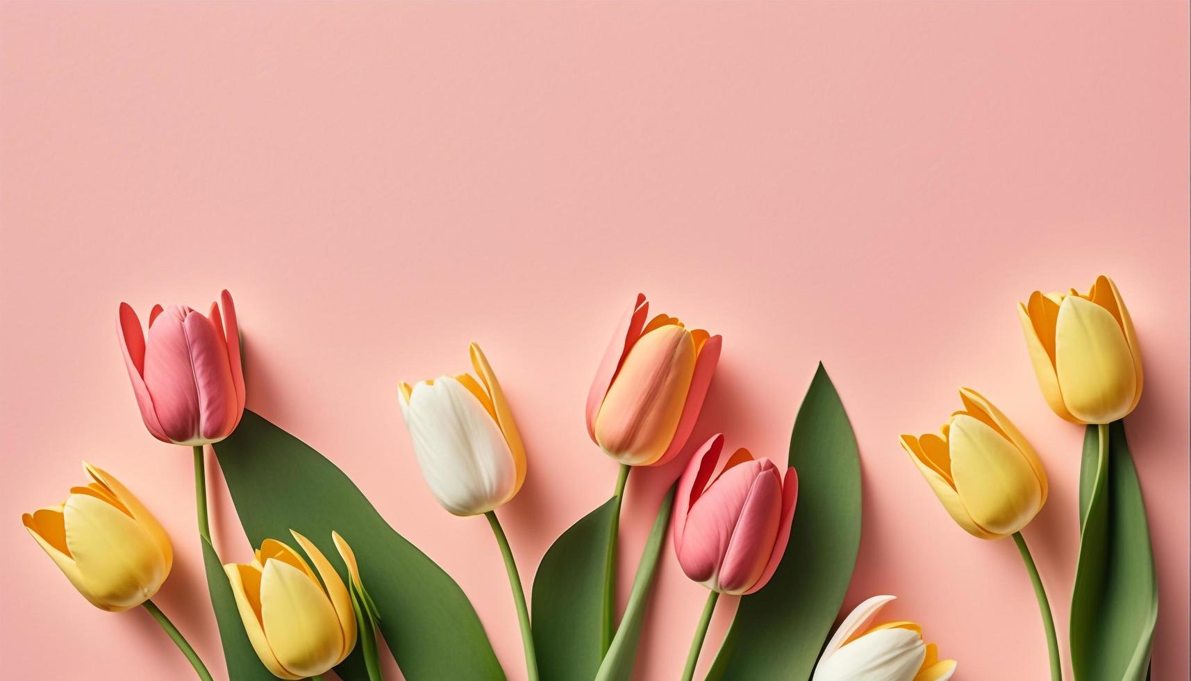Spring tulip flowers on pink background top view in flat lay style. photo