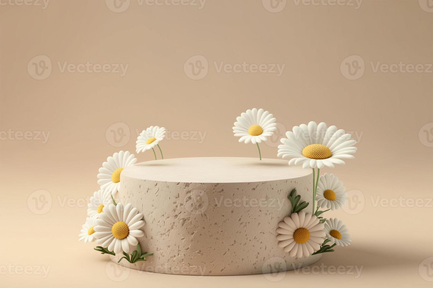 3d Stone podium for product display stand with daisy blossoms. photo