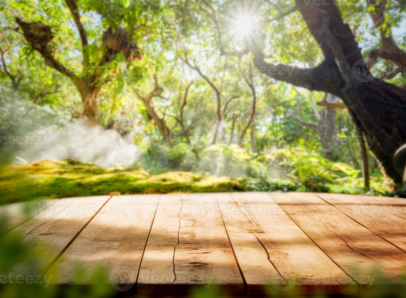 Nature background, Wood table for food and product display over blur green tree garden photo