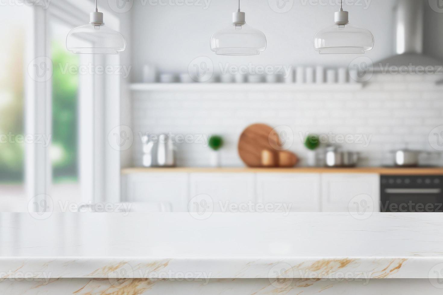 Wood table top on blurred kitchen background. can be used mock up for montage products display or design layout photo