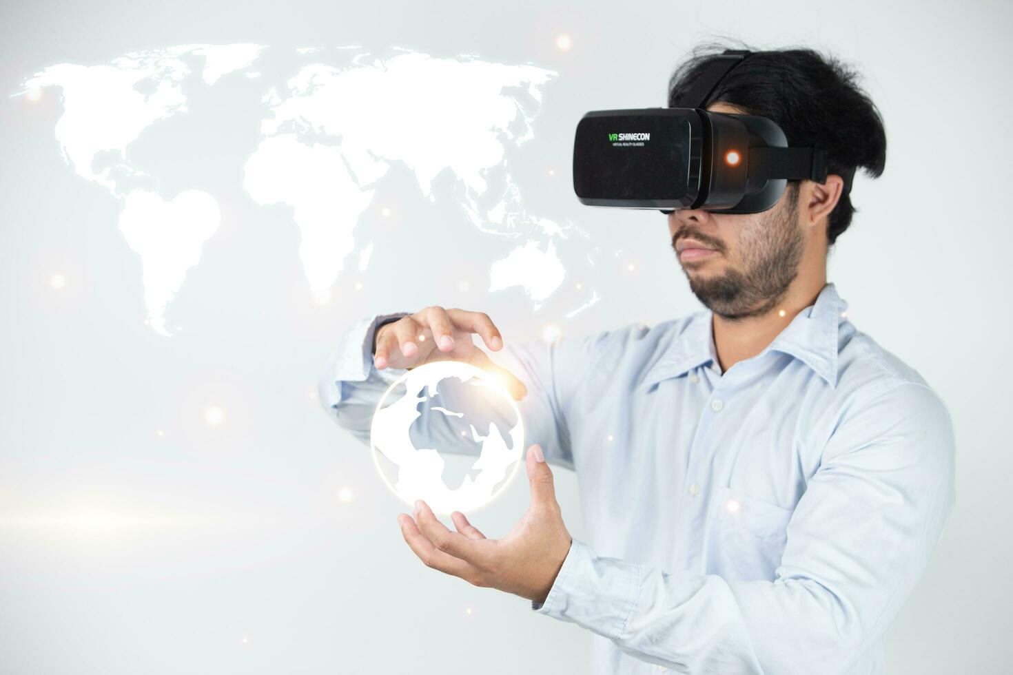 Engineer in industrial technology inspecting prototypes designed with virtual reality tool and artificial intelligence holographic prototypes. for swiftness and precision photo