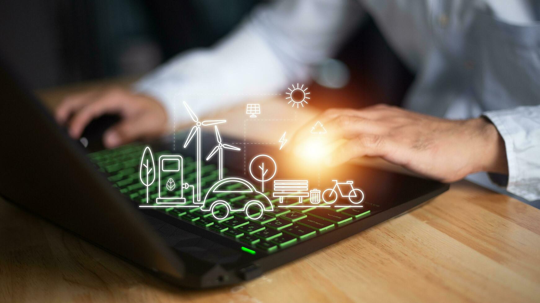 Man using a smart home control system on a laptop with application that controls home electronics in a black background. Smart home concept photo