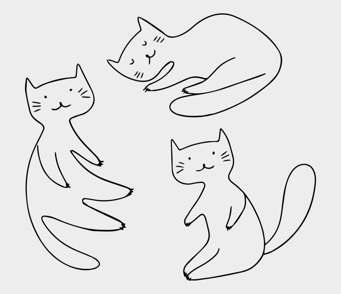 Set of domestic cats doodle in linear style on white background. Vector isolated collection.