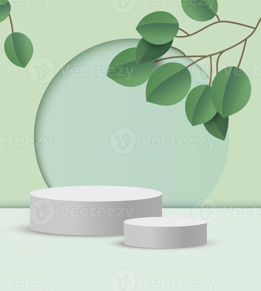 Abstract white round corner pedestal podium, green empty room with green leaf. Product display presentation. photo