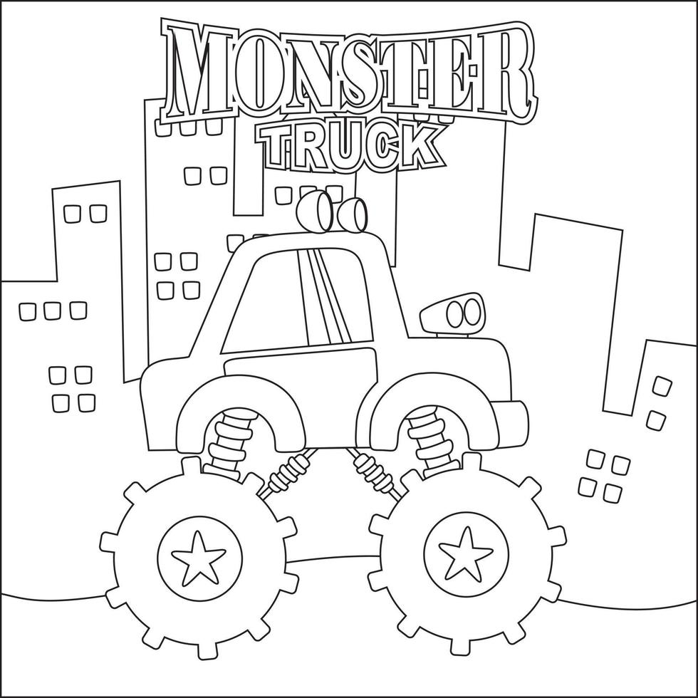 Vector illustration of monster truck with cartoon style. Childish design for kids activity colouring book or page.