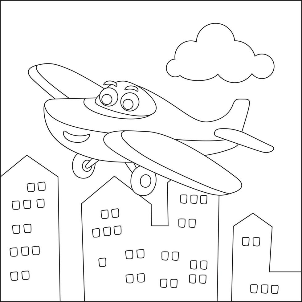 gracioso linda avión es volador en el cielo. dibujos animados aislado vector ilustración, creativo vector infantil diseño para niños actividad colorante libro o página.
