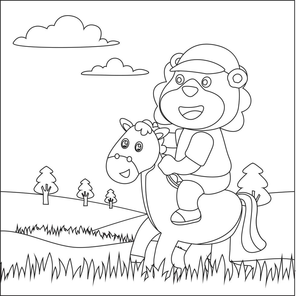 Vector cartoon illustration of animal the cowboy riding a brown horse, Trendy children graphic with Line Art Design Hand Drawing Sketch Vector illustration For Adult And Kids Coloring Book.