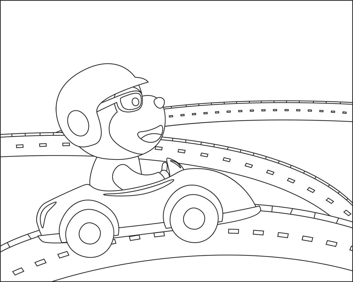 Cute animal cartoon having fun driving a city car on sunny day. Cartoon isolated vector illustration, Creative vector Childish design for kids activity colouring book or page.