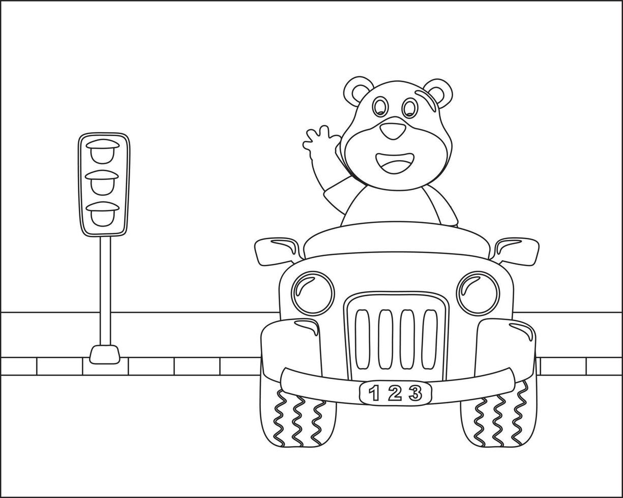 Cute animal cartoon having fun driving a off road car in mountain on sunny day. Cartoon isolated vector illustration, Creative vector Childish design for kids activity colouring book or page.