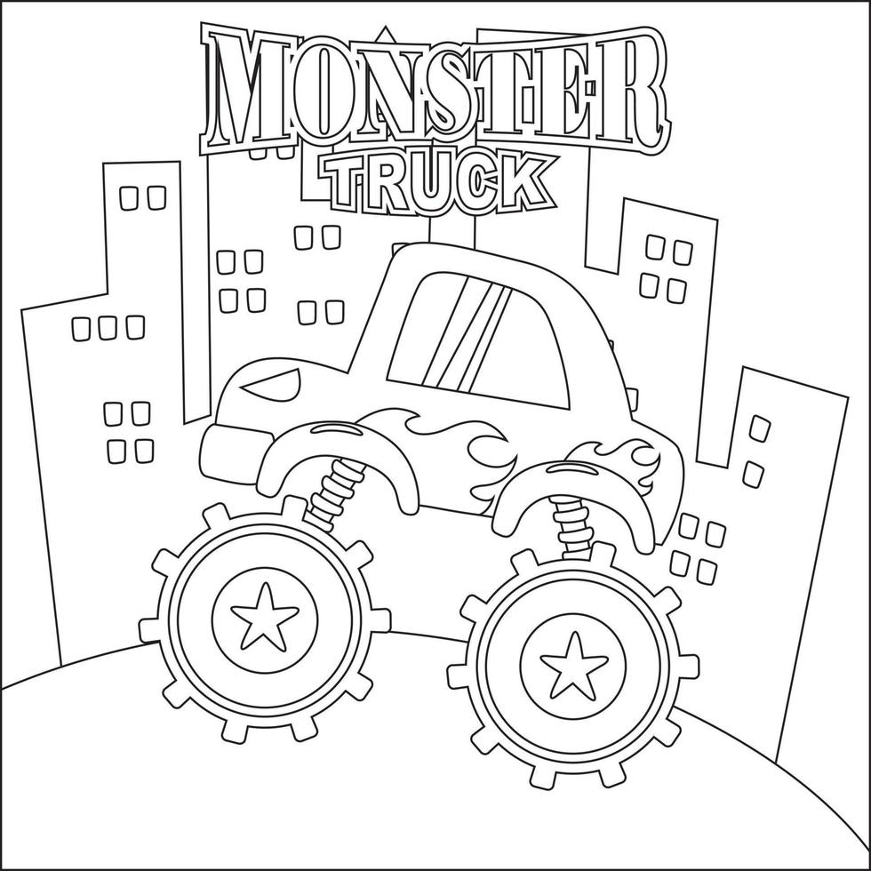 Vector illustration of monster truck with cartoon style. Childish design for kids activity colouring book or page.
