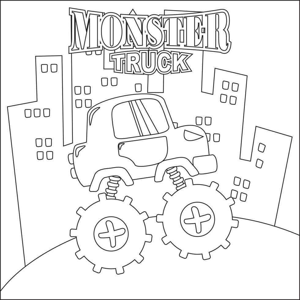 Vector illustration of monster truck with cartoon style. Childish design for kids activity colouring book or page.