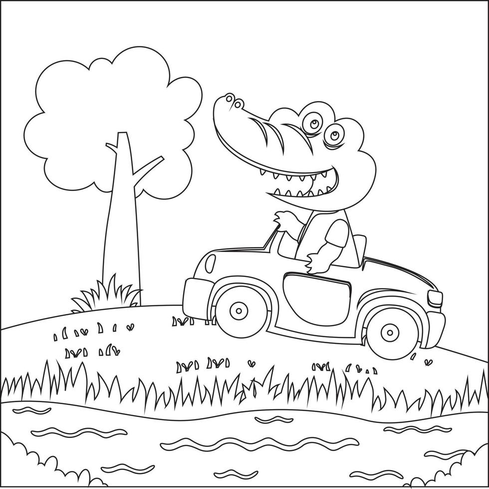 Cute little horse driving a car go to forest funny animal cartoon, Trendy children graphic with Line Art Design Hand Drawing Sketch Vector illustration For Adult And Kids Coloring Book.