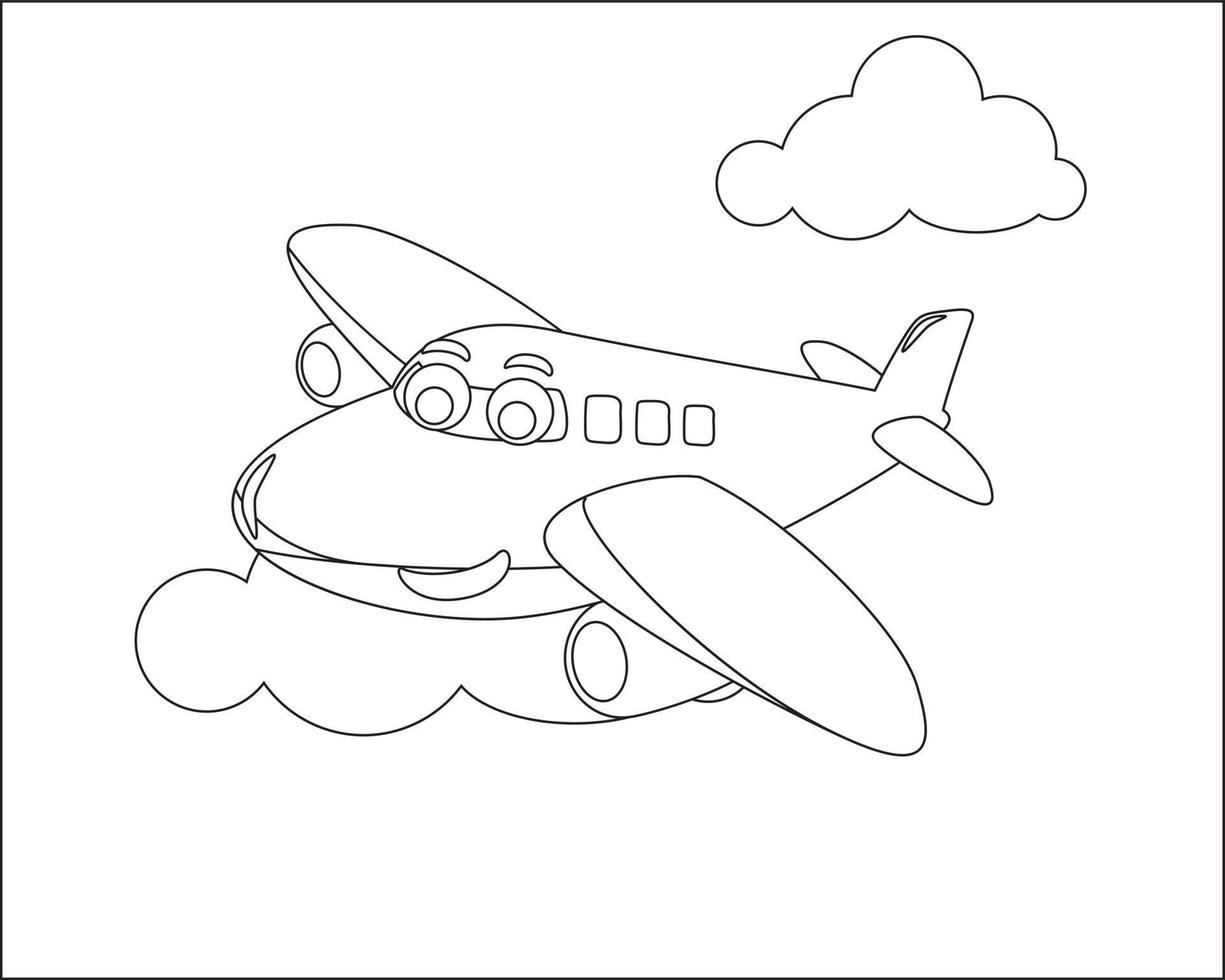 Funny cute airplane is flying in the sky. Cartoon isolated vector illustration, Creative vector Childish design for kids activity colouring book or page.
