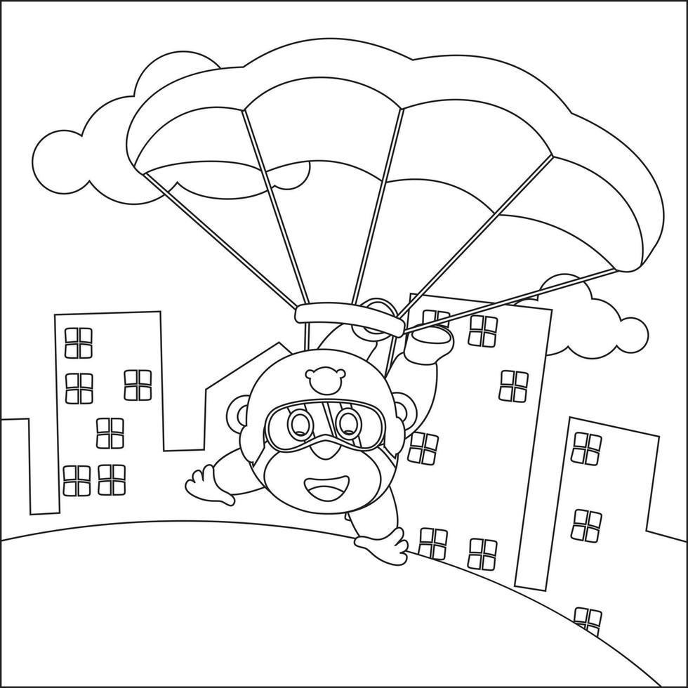 Vector cartoon illustration of skydiving with litlle animal, plane and clouds,  with cartoon style Childish design for kids activity colouring book or page.