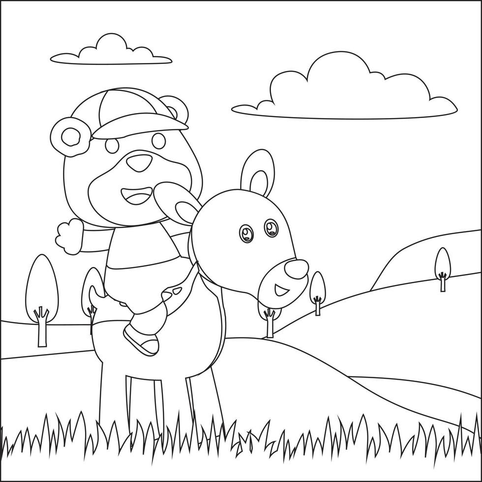 vector dibujos animados ilustración de animal el vaquero montando un marrón caballo, de moda niños gráfico con línea Arte diseño mano dibujo bosquejo vector ilustración para adulto y niños colorante libro.
