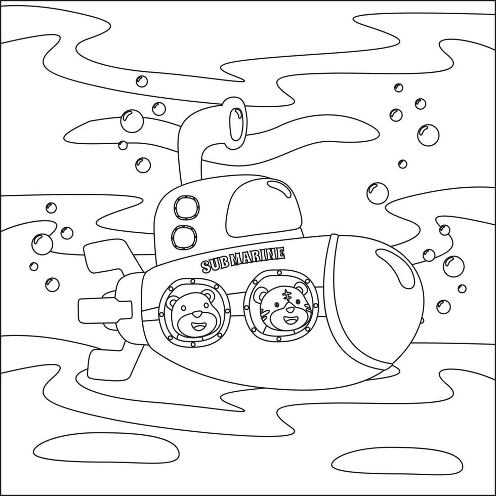 Vector illustration for children's design, submarine with cute sailor. Creative vector Childish design for kids activity colouring book or page.