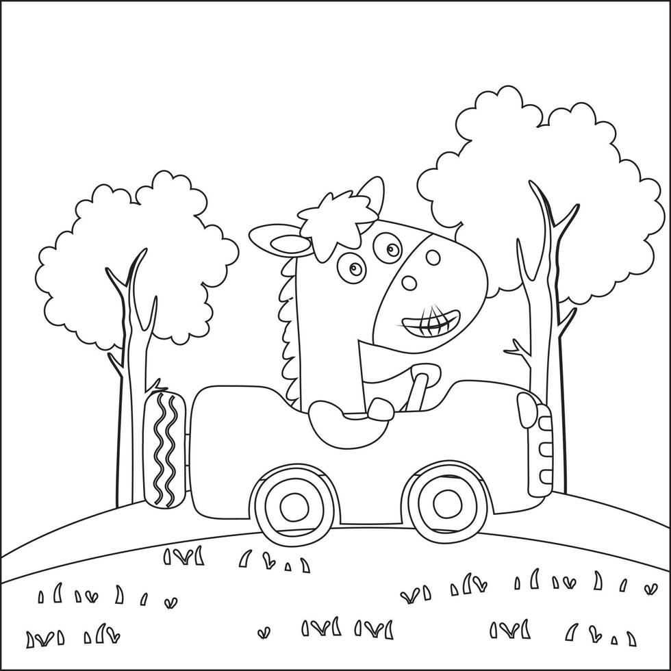 Cute little horse driving a car go to forest funny animal cartoon, Trendy children graphic with Line Art Design Hand Drawing Sketch Vector illustration For Adult And Kids Coloring Book.