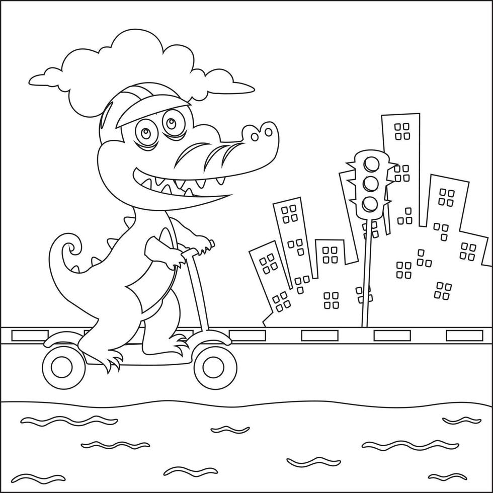 Cute crocodile kid riding a kick scooter. Funny vector illustration, Trendy children graphic with Line Art Design Hand Drawing Sketch Vector illustration For Adult And Kids Coloring Book.