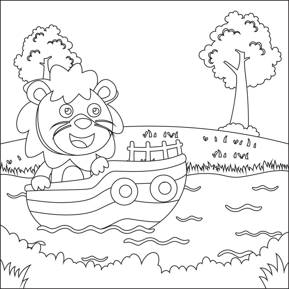 Funny animal cartoon vector on little boat with cartoon style, Funny vector illustration, Vector illustration For Adult And Kids Coloring Book.