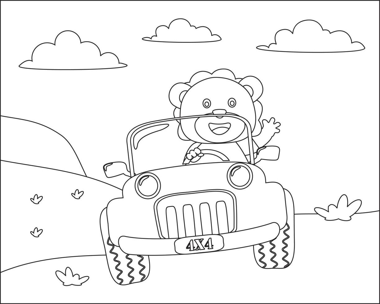 Cute animal cartoon having fun driving a off road car in mountain on sunny day. Cartoon isolated vector illustration, Creative vector Childish design for kids activity colouring book or page.