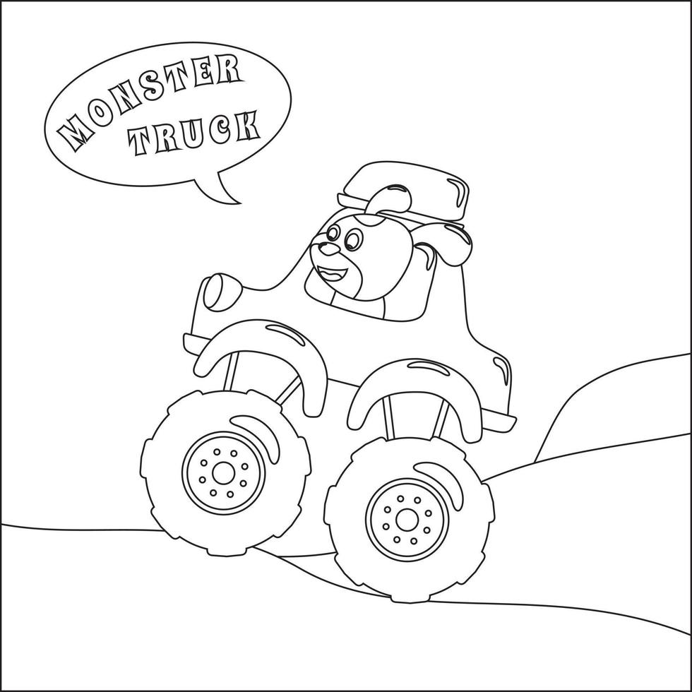 Vector illustration of monster truck with animal driver. Cartoon isolated vector illustration, Creative vector Childish design for kids activity colouring book or page.