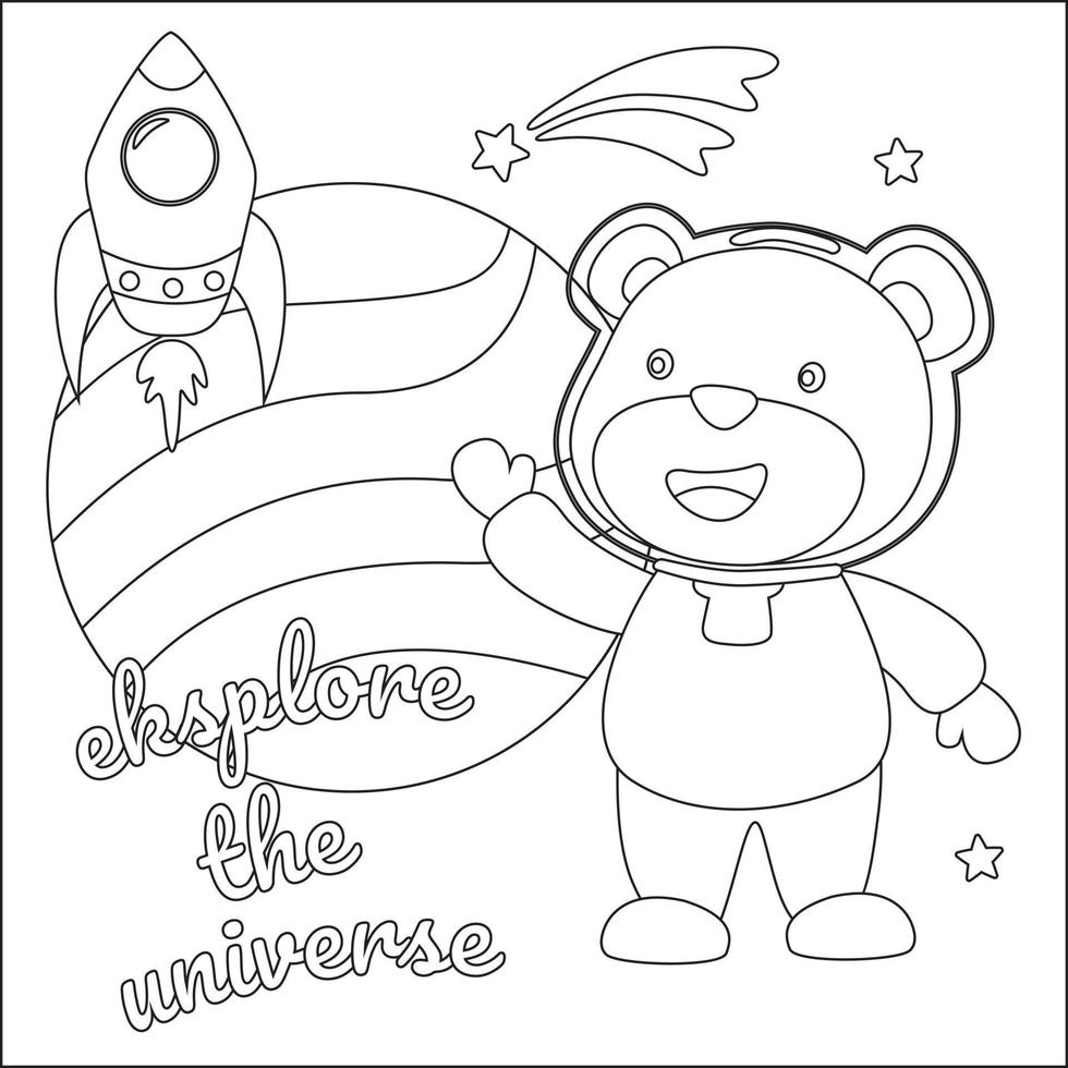 espacio oso o astronauta en un espacio traje con dibujos animados estilo. creativo vector infantil diseño para niños actividad colorante libro o página.