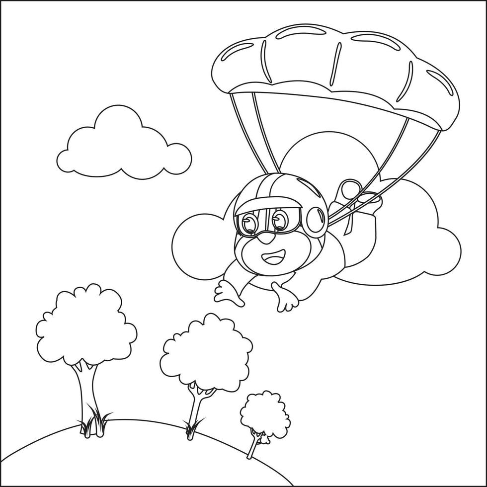 Vector cartoon illustration of skydiving with litlle animal, plane and clouds,  with cartoon style Childish design for kids activity colouring book or page.