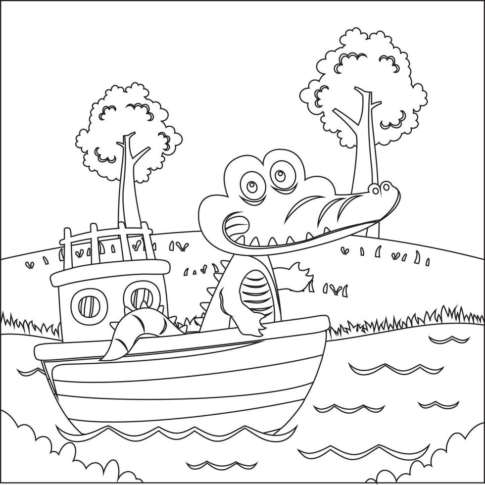 Funny animal cartoon vector on little boat with cartoon style, Funny vector illustration, Vector illustration For Adult And Kids Coloring Book.