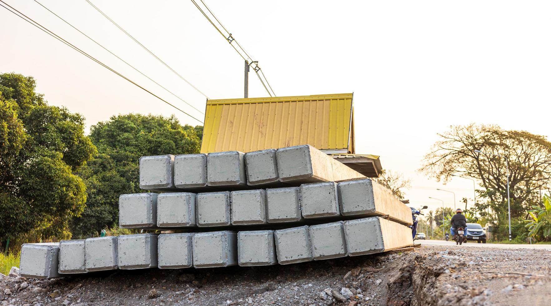 Close-up view of large concrete cement columns stacked. photo