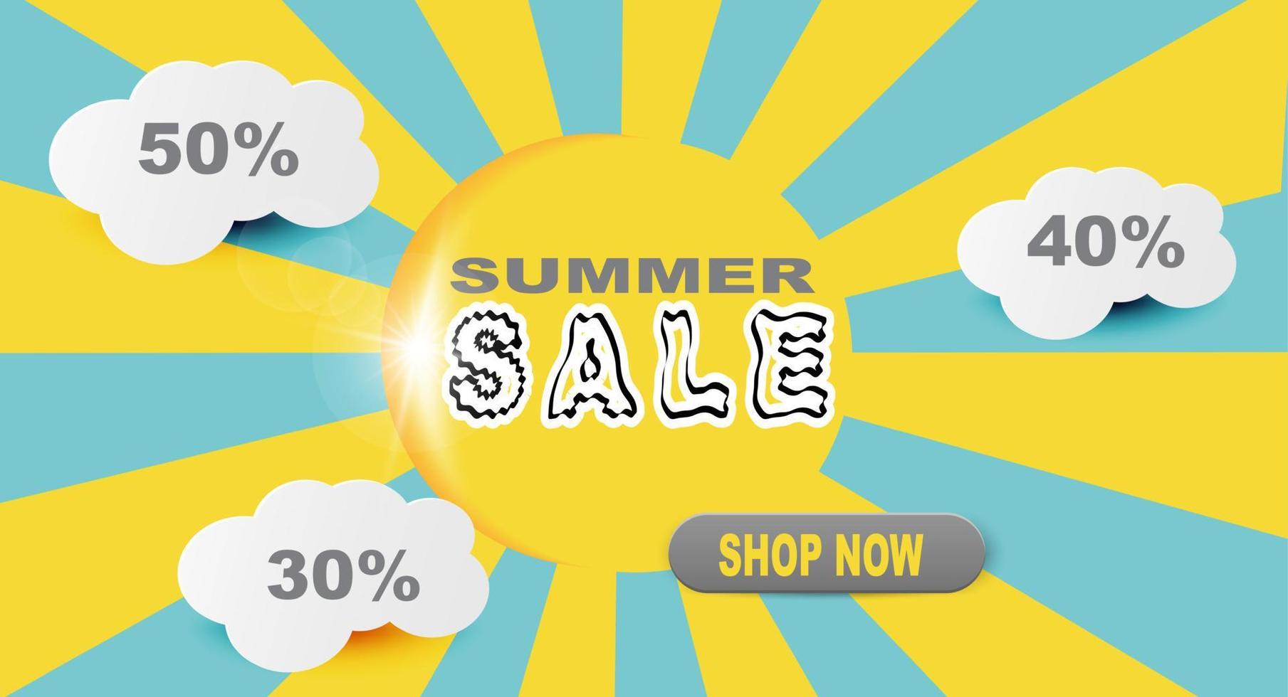 Summer sale banner. Special offer template. Discount. Sun and clouds on an abstract yellow and blue background. 3d vector