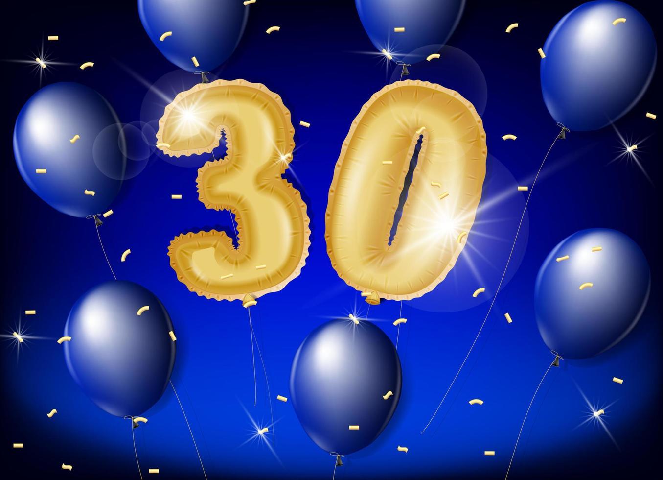 Celebrating 30 years with gold and blue balloons and glitter confetti on a blue background. Vector design for celebrations, invitation cards and greeting cards.