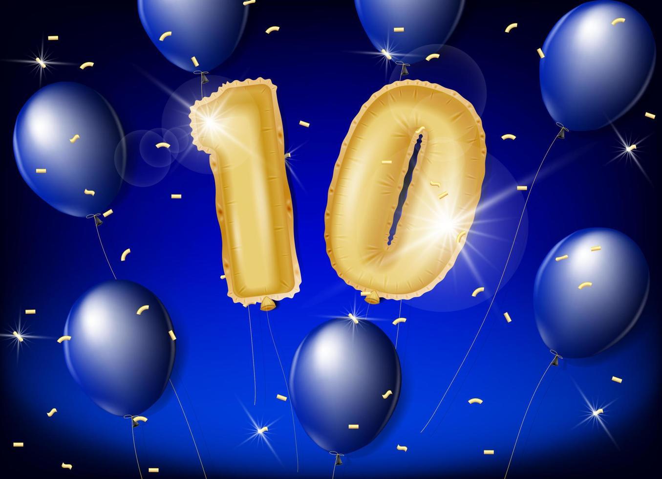 Celebrating 10 years with gold and blue balloons and glitter confetti on a blue background. Vector design for celebrations, invitation cards and greeting cards