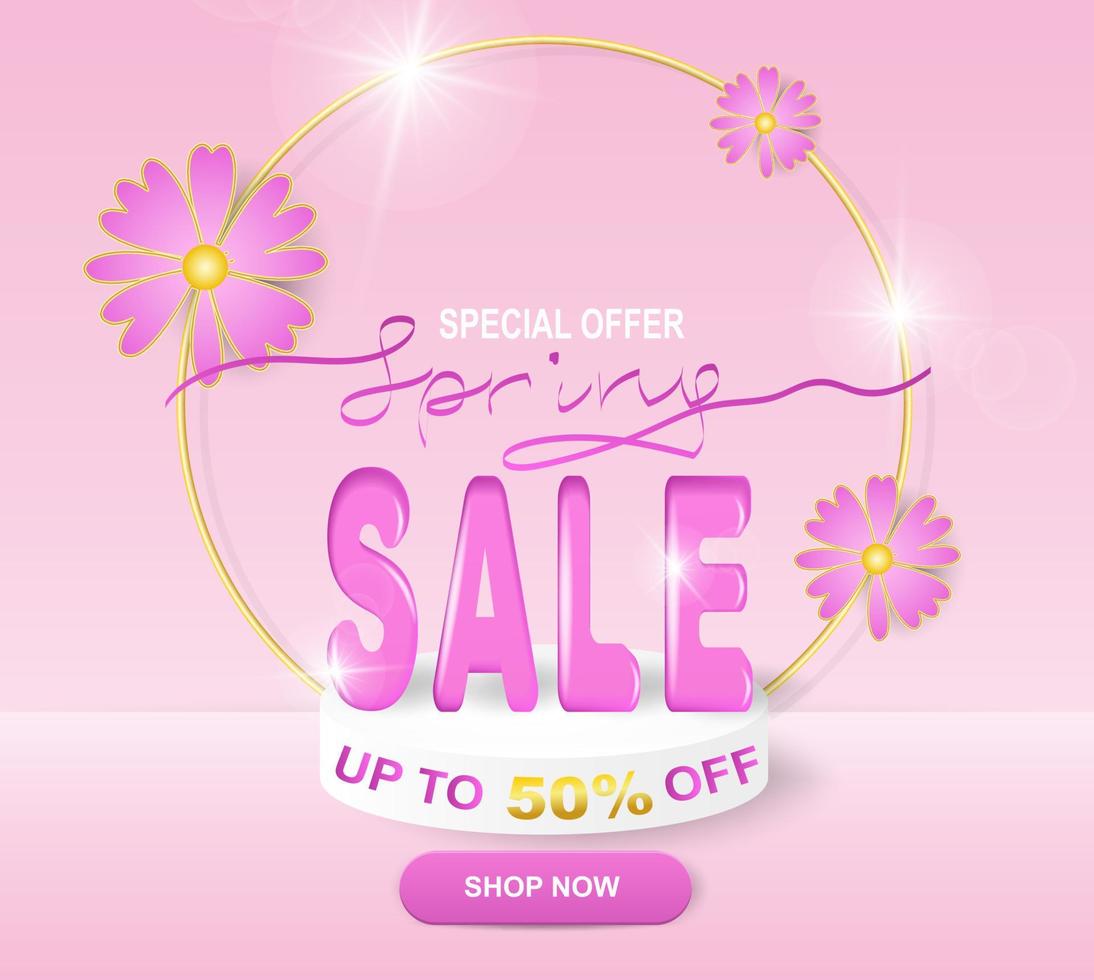 Special Offer Spring Sale Web Banner Up To 50 Off. 3D podium with daisies and volumetric inscription on a pink background. Vector illustration.