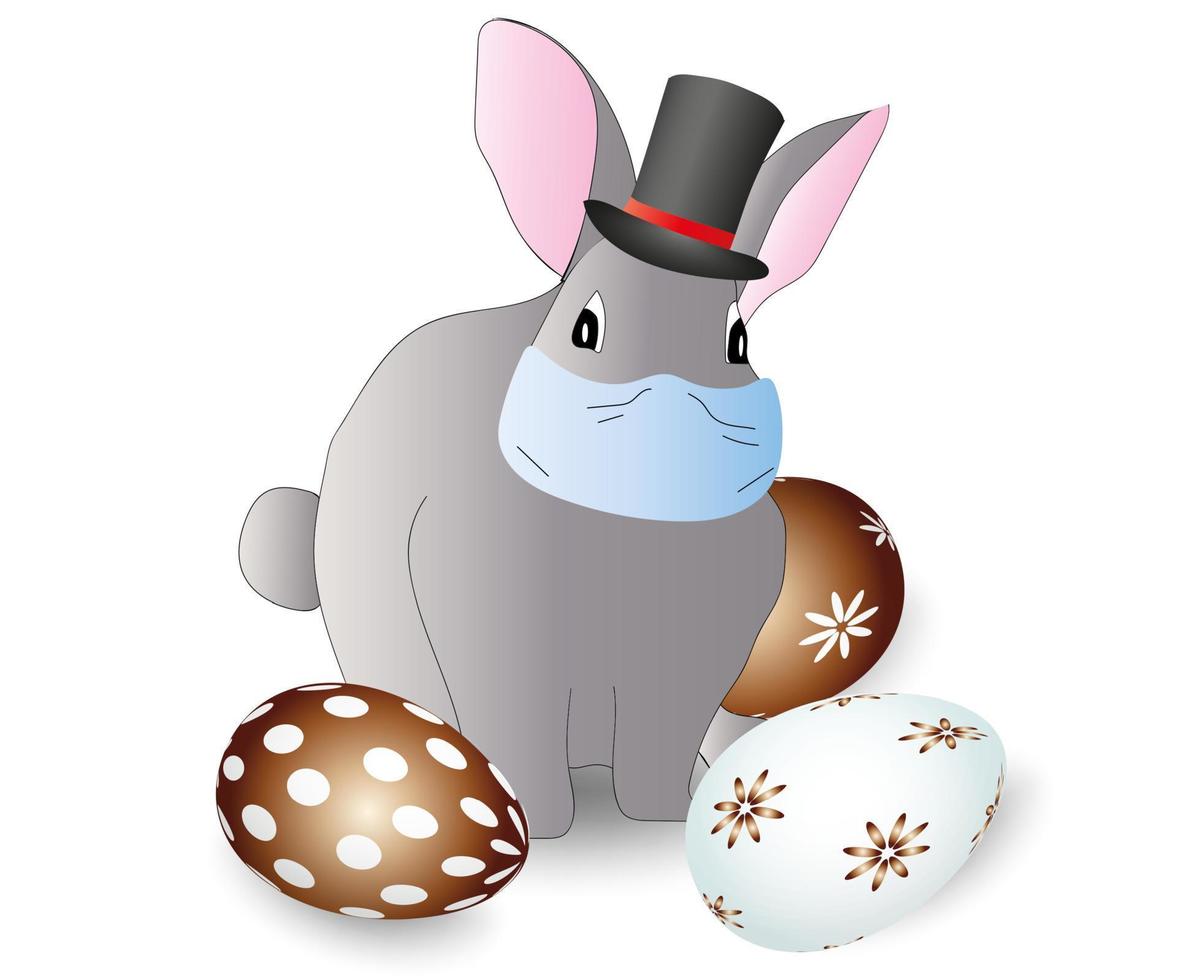 Cute easter bunny wearing top hat with face mask vector